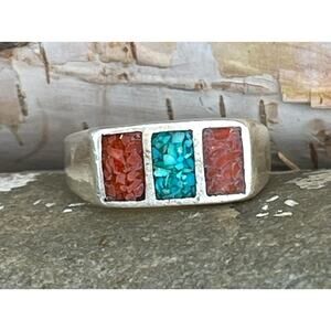 Unmarked Old Pawn Blue Turquoise & Red Coral Navajo Silver Men's Ring 925